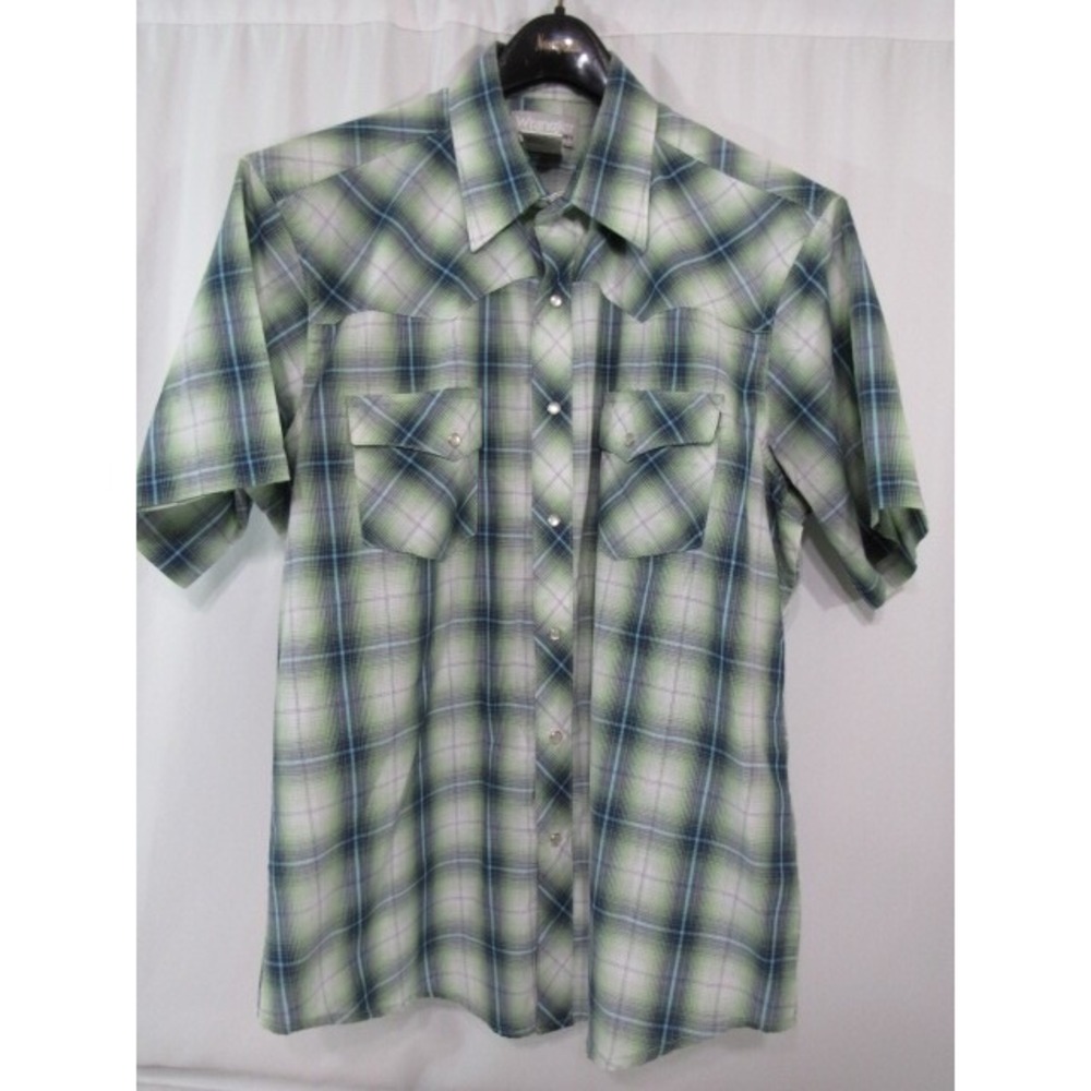 Wrangler Mens Plaid Western Green Snap Button Polyester Cotton S/S Shirt‎ Sz L